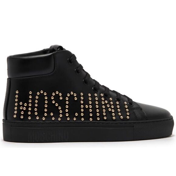 Moschino High Top logo studded leather sneaker in black size US 7 or EU 37 - Picture 2 of 12